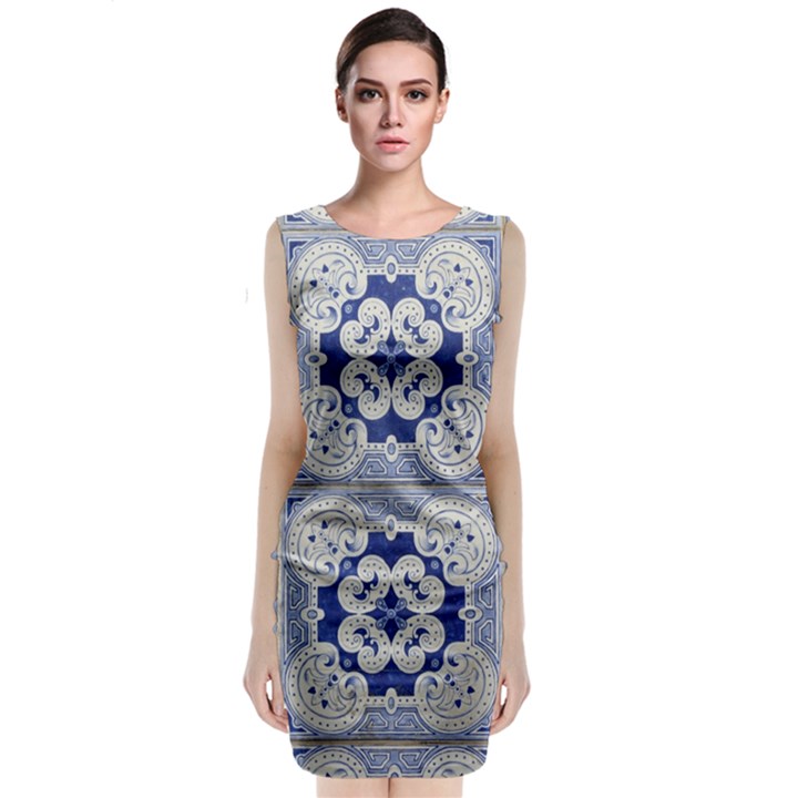 Ceramic Portugal Tiles Wall Sleeveless Velvet Midi Dress