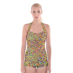 Canvas Acrylic Design Color Boyleg Halter Swimsuit 