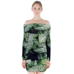 Green Leaves Nature Pattern Plant Long Sleeve Off Shoulder Dress