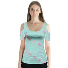 Love Flower Blue Background Texture Butterfly Sleeve Cutout Tee 