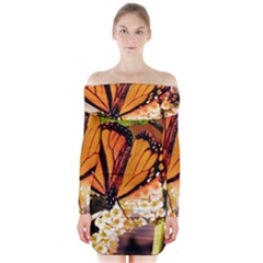 Monarch Butterfly Nature Orange Long Sleeve Off Shoulder Dress