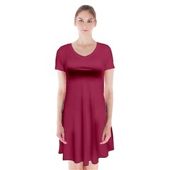 Deep Red Short Sleeve V-neck Flare Dress