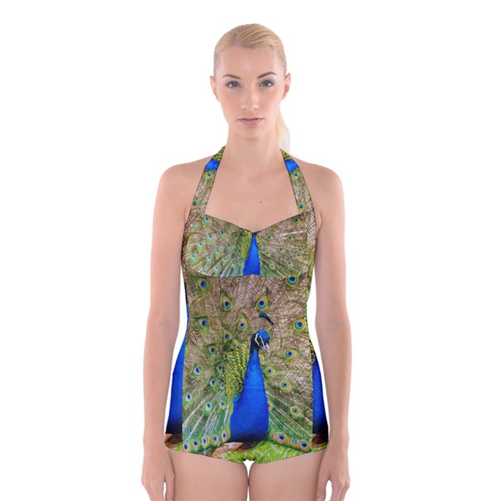 Peacock Animal Photography Beautiful Boyleg Halter Swimsuit 