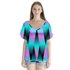 Shiny Decorative Geometric Aqua Flutter Sleeve Top