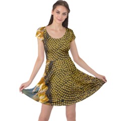 Sunflower Bright Close Up Color Disk Florets Cap Sleeve Dresses by Amaryn4rt