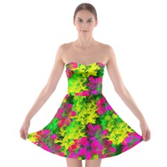 Flowers Chaos In Green, Yellow And Pinks Strapless Bra Top Dress