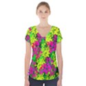 Flowers Chaos In Green, Yellow And Pinks Short Sleeve Front Detail Top View1