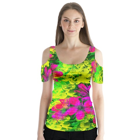 Flowers Chaos In Green, Yellow And Pinks Butterfly Sleeve Cutout Tee  by traceyleeartdesigns