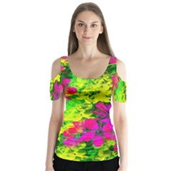 Flowers Chaos In Green, Yellow And Pinks Butterfly Sleeve Cutout Tee 