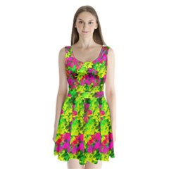 Flowers Chaos In Green, Yellow And Pinks Split Back Mini Dress  by traceyleeartdesigns