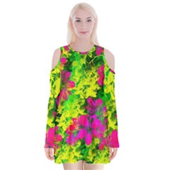 Flowers Chaos In Green, Yellow And Pinks Velvet Long Sleeve Shoulder Cutout Dress