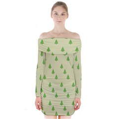 Christmas Wrapping Paper Pattern Long Sleeve Off Shoulder Dress by Nexatart