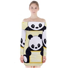 First Birthday Panda Card Long Sleeve Off Shoulder Dress by Nexatart