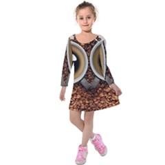 Owl Coffee Art Kids  Long Sleeve Velvet Dress by Nexatart