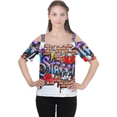 Graffiti Word Characters Composition Decorative Urban World Youth Street Life Art Spraycan Drippy Bl Women s Cutout Shoulder Tee