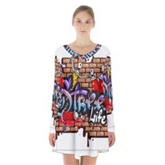 Graffiti Word Characters Composition Decorative Urban World Youth Street Life Art Spraycan Drippy Bl Long Sleeve Velvet V-neck Dress