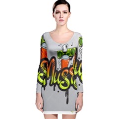 Graffiti Word Character Print Spray Can Element Player Music Notes Drippy Font Text Sample Grunge Ve Long Sleeve Velvet Bodycon Dress by Foxymomma