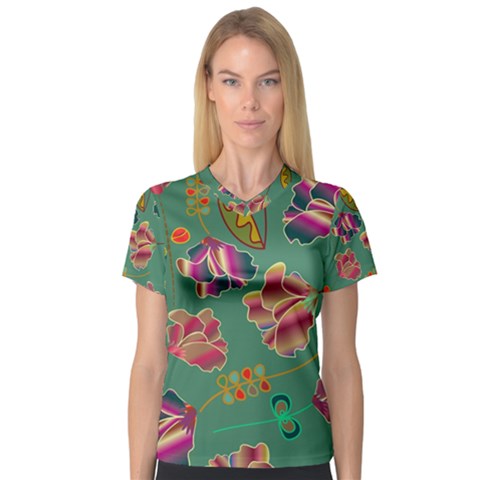 Flowers Pattern Women s V-neck Sport Mesh Tee by Nexatart