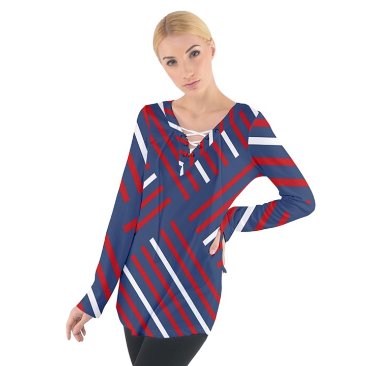 Geometric Background Stripes Red White Women s Tie Up Tee