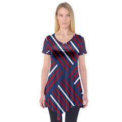 Geometric Background Stripes Red White Short Sleeve Tunic  by Nexatart