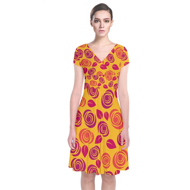 Orange roses Short Sleeve Front Wrap Dress