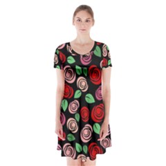 Red And Pink Roses Short Sleeve V-neck Flare Dress by Valentinaart