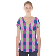 Pink Teal Lime Orchid Pattern Short Sleeve Front Detail Top by Nexatart