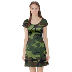 Camouflage Green Brown Black Short Sleeve Skater Dress by Nexatart