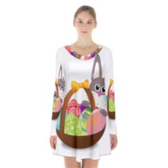 Easter Bunny Eggs Nest Basket Long Sleeve Velvet V-neck Dress by Nexatart