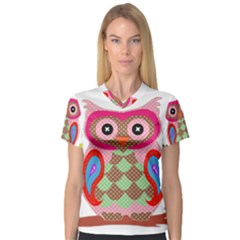 Owl Colorful Patchwork Art Women s V-neck Sport Mesh Tee