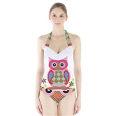 Owl Colorful Patchwork Art Halter Swimsuit by Nexatart