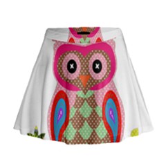 Owl Colorful Patchwork Art Mini Flare Skirt