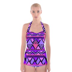 Seamless Purple Pink Pattern Boyleg Halter Swimsuit 