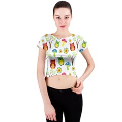 Cute Owl Wallpaper Pattern Crew Neck Crop Top