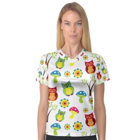 Cute Owl Wallpaper Pattern Women s V-neck Sport Mesh Tee by Nexatart