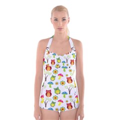 Cute Owl Wallpaper Pattern Boyleg Halter Swimsuit 