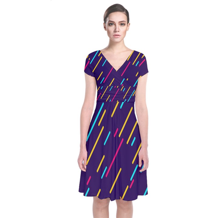 Background Lines Forms Short Sleeve Front Wrap Dress