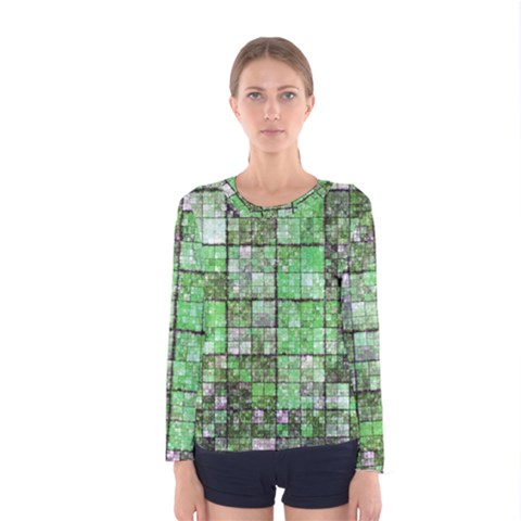 Background Of Green Squares Women s Long Sleeve Tee by Nexatart