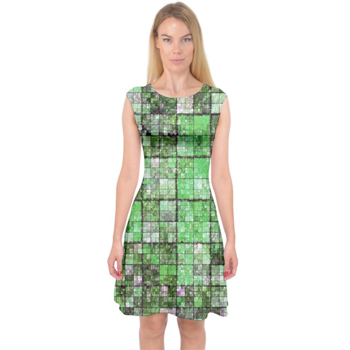 Background Of Green Squares Capsleeve Midi Dress