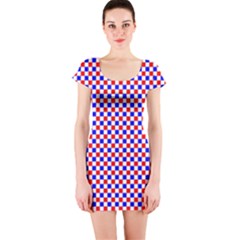 Blue Red Checkered Short Sleeve Bodycon Dress by Nexatart