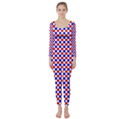 Blue Red Checkered Long Sleeve Catsuit by Nexatart