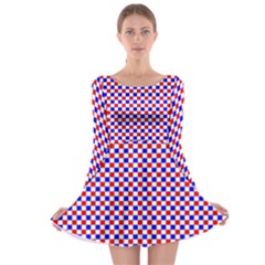 Blue Red Checkered Long Sleeve Skater Dress by Nexatart