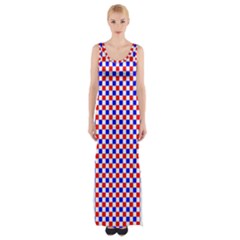 Blue Red Checkered Maxi Thigh Split Dress by Nexatart