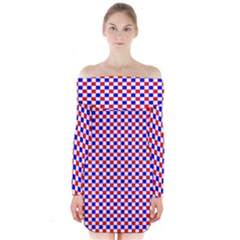 Blue Red Checkered Long Sleeve Off Shoulder Dress by Nexatart