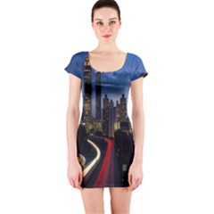 Building And Red And Yellow Light Road Time Lapse Short Sleeve Bodycon Dress by Nexatart