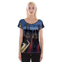 Building And Red And Yellow Light Road Time Lapse Women s Cap Sleeve Top by Nexatart