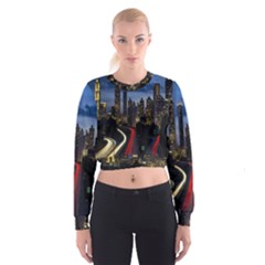 Building And Red And Yellow Light Road Time Lapse Women s Cropped Sweatshirt