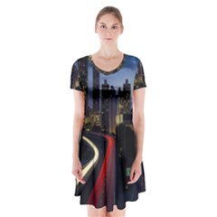 Building And Red And Yellow Light Road Time Lapse Short Sleeve V-neck Flare Dress by Nexatart