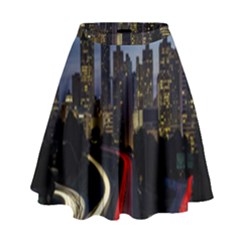 Building And Red And Yellow Light Road Time Lapse High Waist Skirt by Nexatart