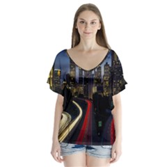 Building And Red And Yellow Light Road Time Lapse Flutter Sleeve Top by Nexatart